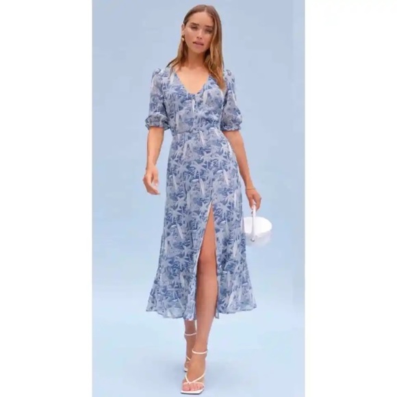 Reformation Nantes Tropical Ruffle Slit Midi Dress in Bali Print Blue - Picture 1 of 10